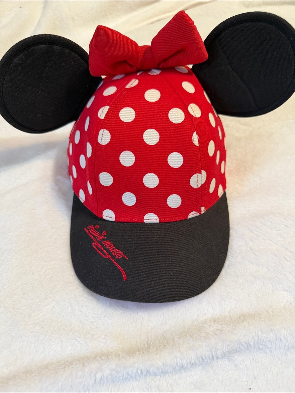 Disney Minnie Mouse Red and White Polka Dot Ear Hat with Black Brim